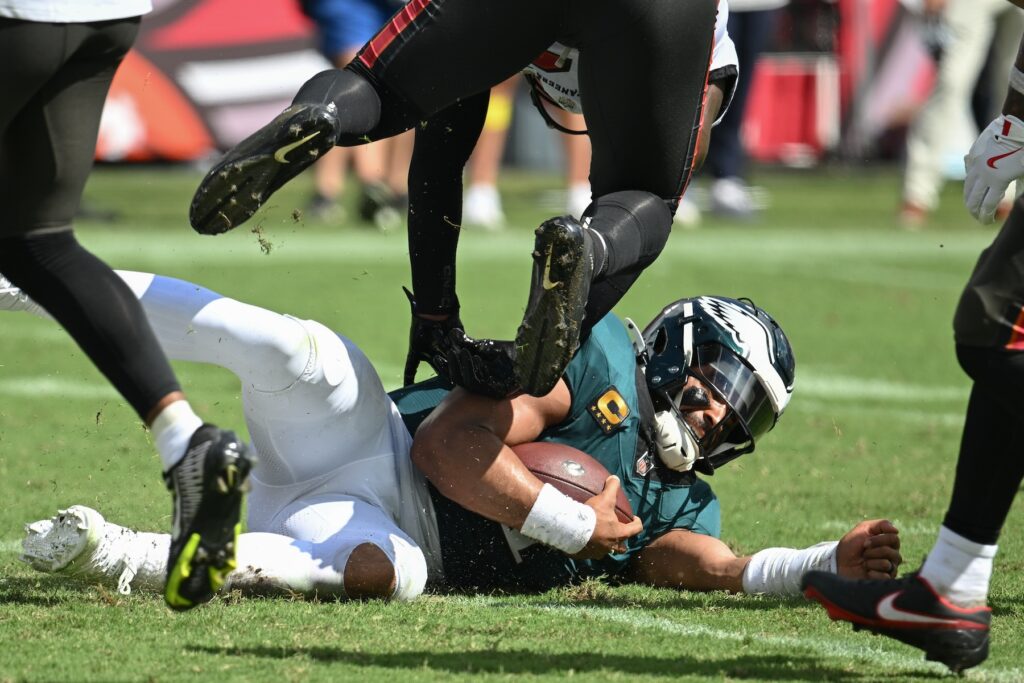Eagles Buccaneers Football Philadelphia Eagles quarterback Jalen Hurts