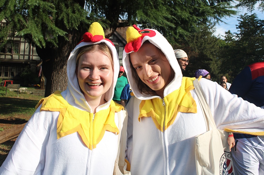 hessian-fun-run-cropped Phoebe Berner, left, and Dominique Van Gilst dressed in chicken costumes for Moorestown's first annual Hessian Fun Run.