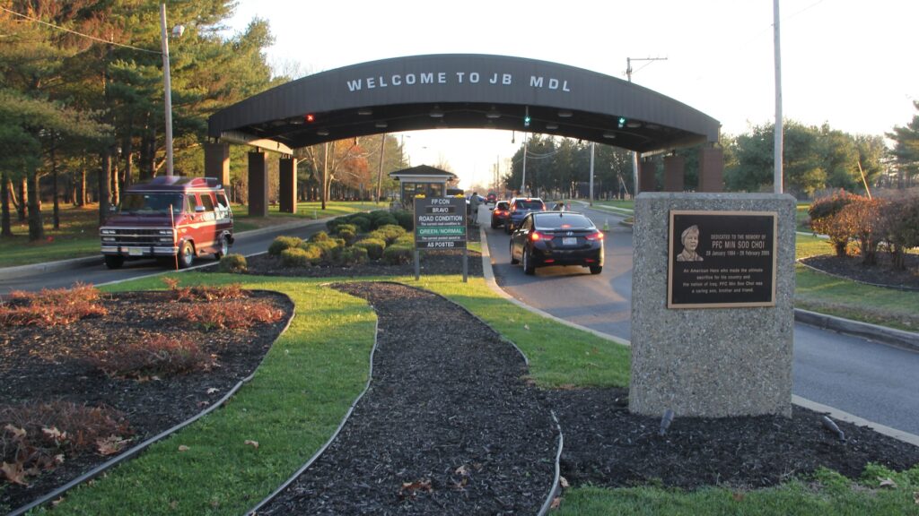 mcguire dix lakehurst joint base A sign at the entrance of the base welcomes people driving in.