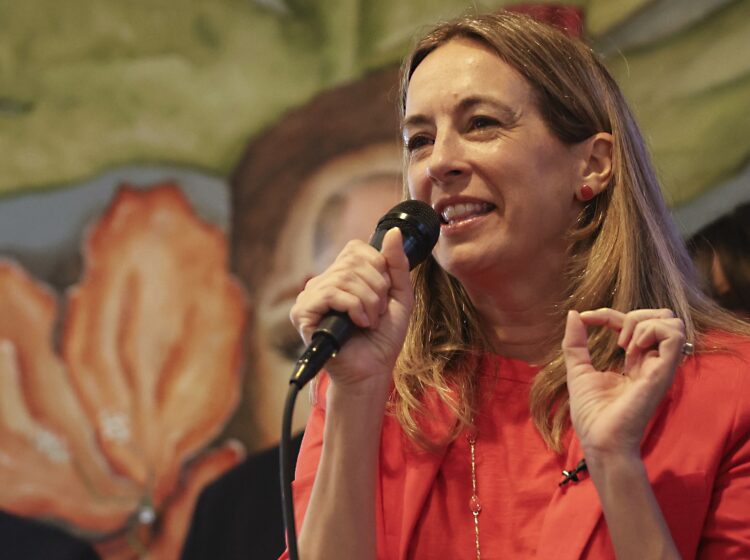 Mikie Sherrill addressing the crowd at a rally