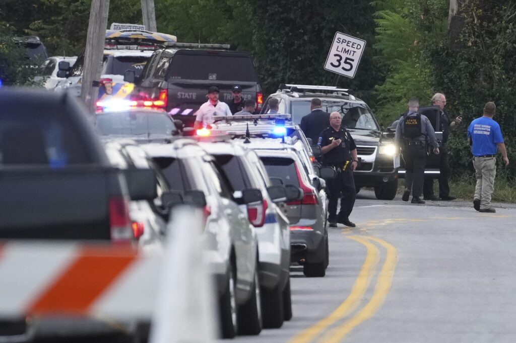 APTOPIX Pennsylvania Shooting Police cars at the scene of the shooting
