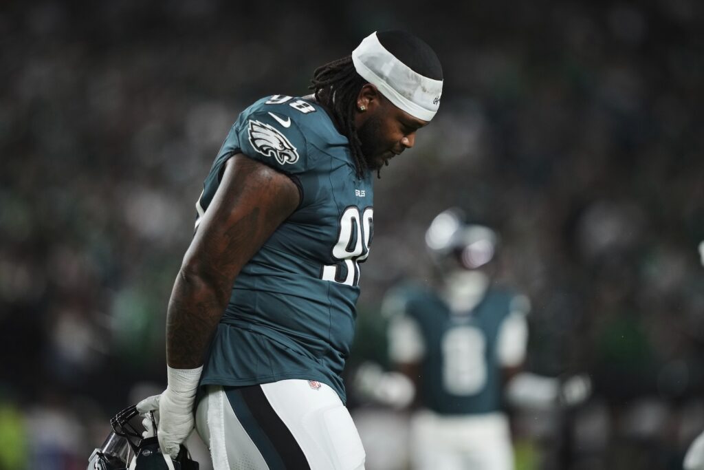 APTOPIX Cowboys Eagles Football Philadelphia Eagles defensive tackle Jalen Carter walks off the field after being disqualified for unsportsman like conduct before an NFL football game against the Dallas Cowboys Thursday, Sept. 4, 2025, in Philadelphia.