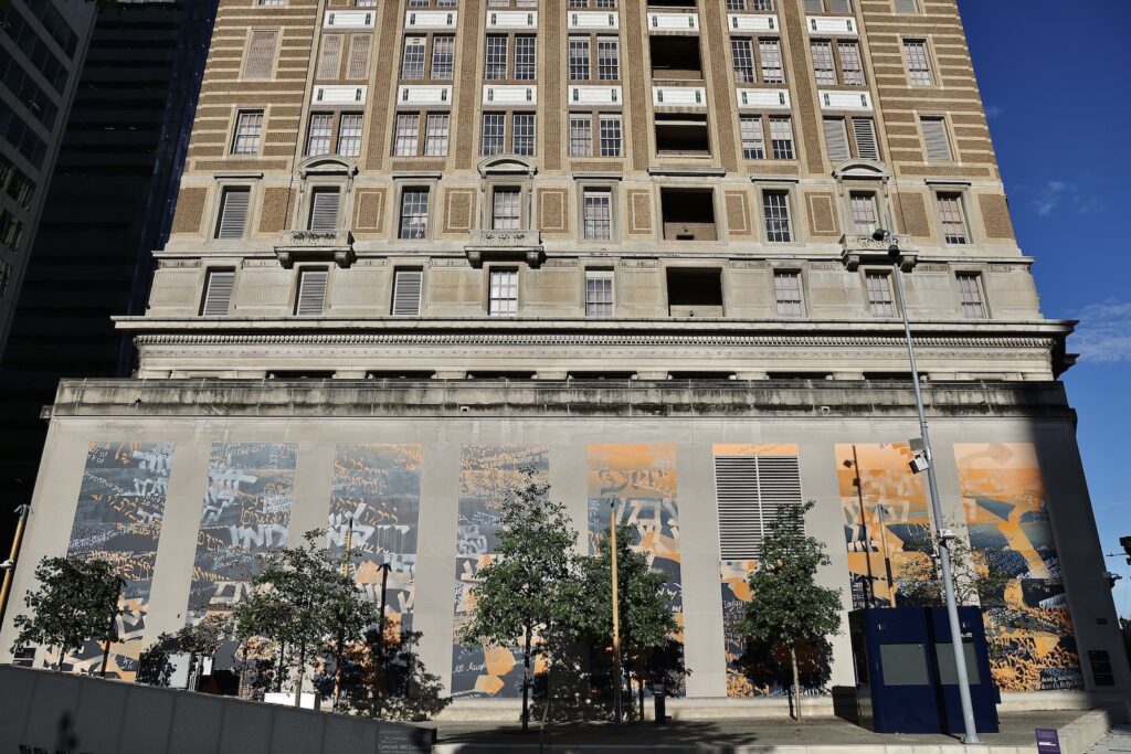 philadelphia-holocaust-mural-EL-092625-01 The mural ''Lay-lah Lay-lah'' rises in eight columns up the side of an office building adjacent to the Horwitz-Wasserman Holocaust Memorial Plaza in Philadelphia.
