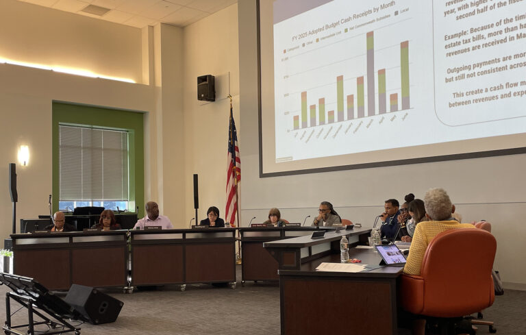 The school board for the School District of Philadelphia looks up at a graph during a meeting