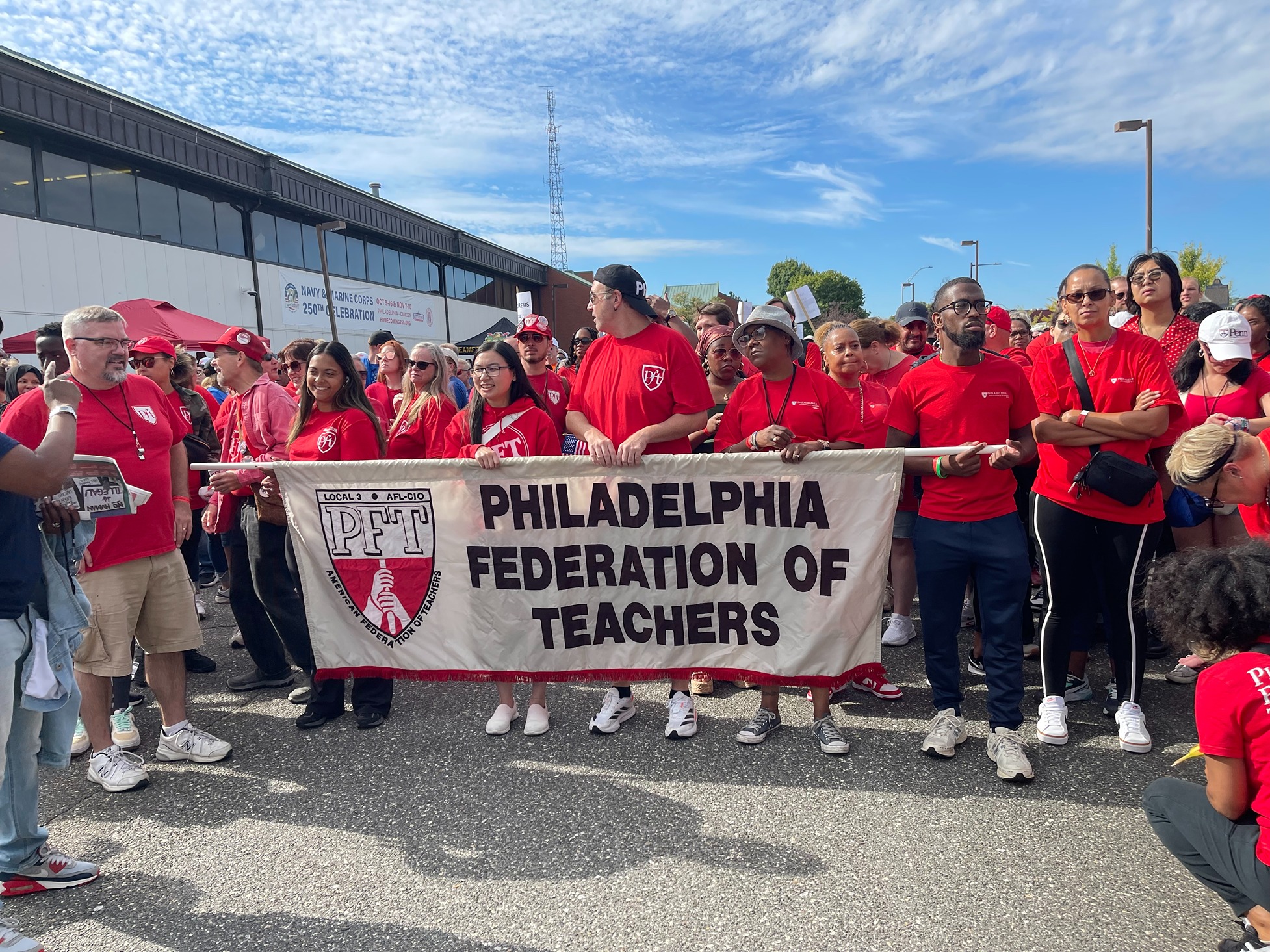 Members of the Philadelphia Federation of Teachers union preparing to march