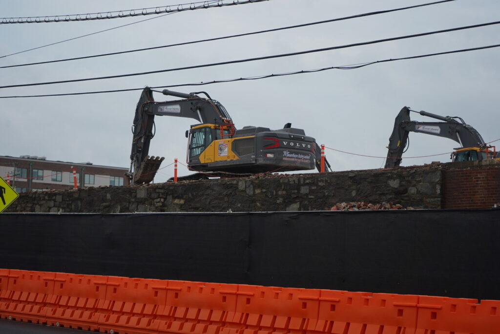 Construction vehicles are seen at the former SPS Technologies plant in Jenkintown