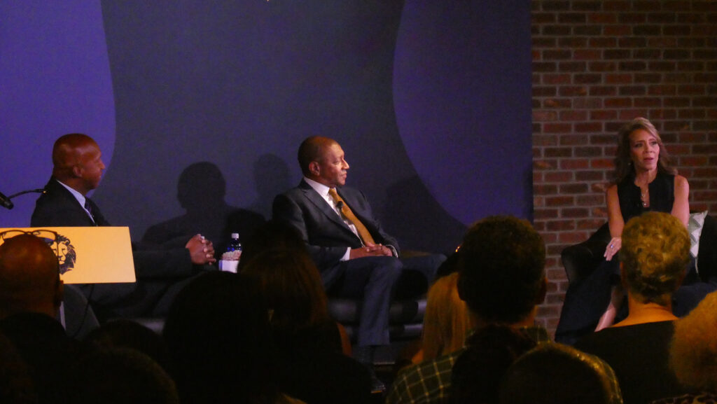 stevenson_talk_philadelphia Bryan and Howard Stevenson and moderator Dr. Robin Smith discuss unity on stage