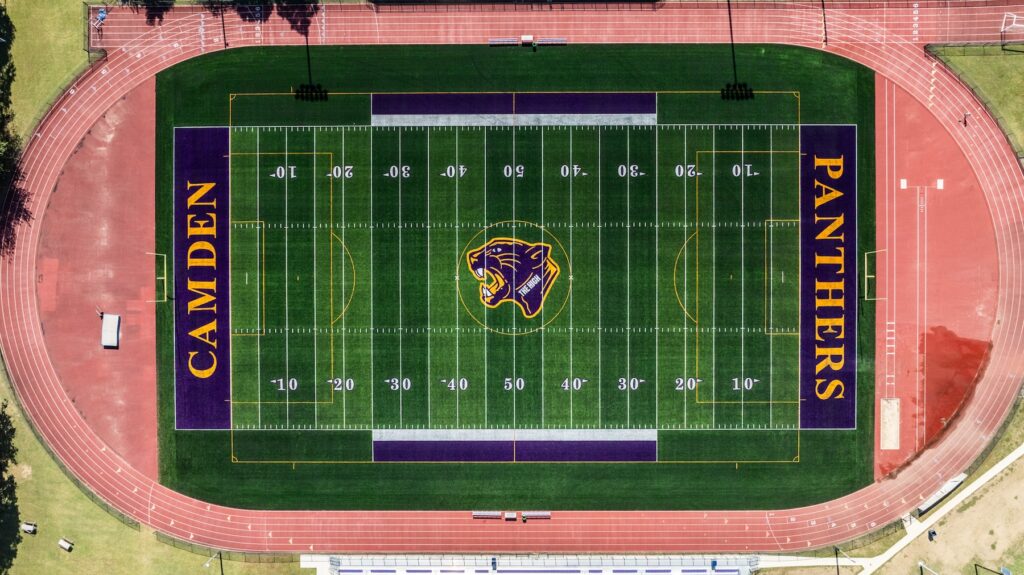 An overhead view of the football fiel
