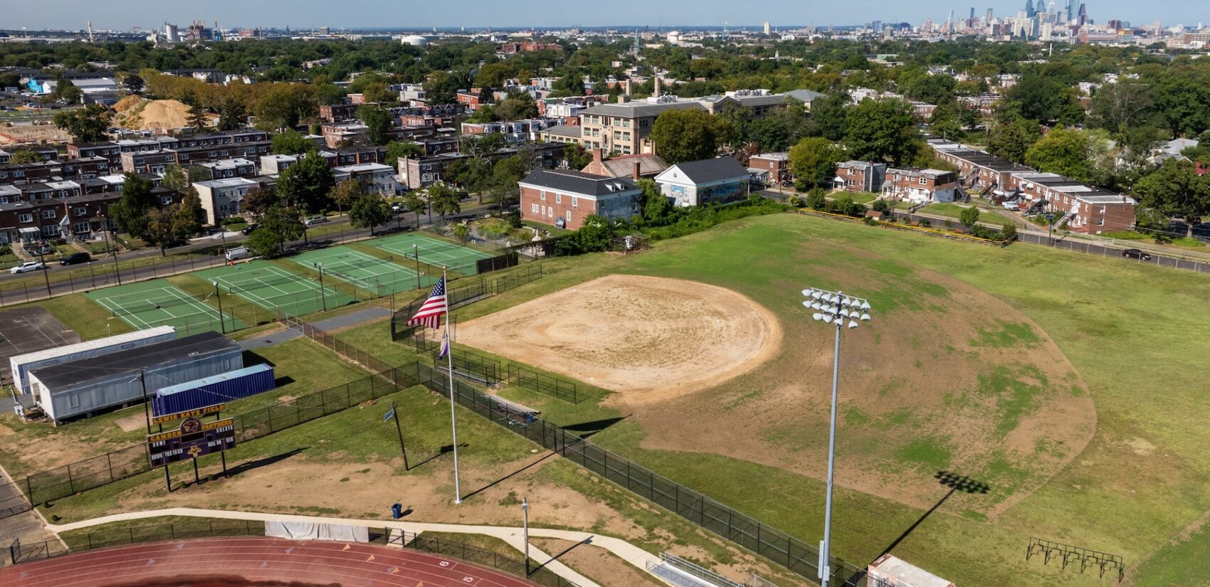 The Camden High School baseball field and tennis courts. (Kimberly Paynter/WHYY)