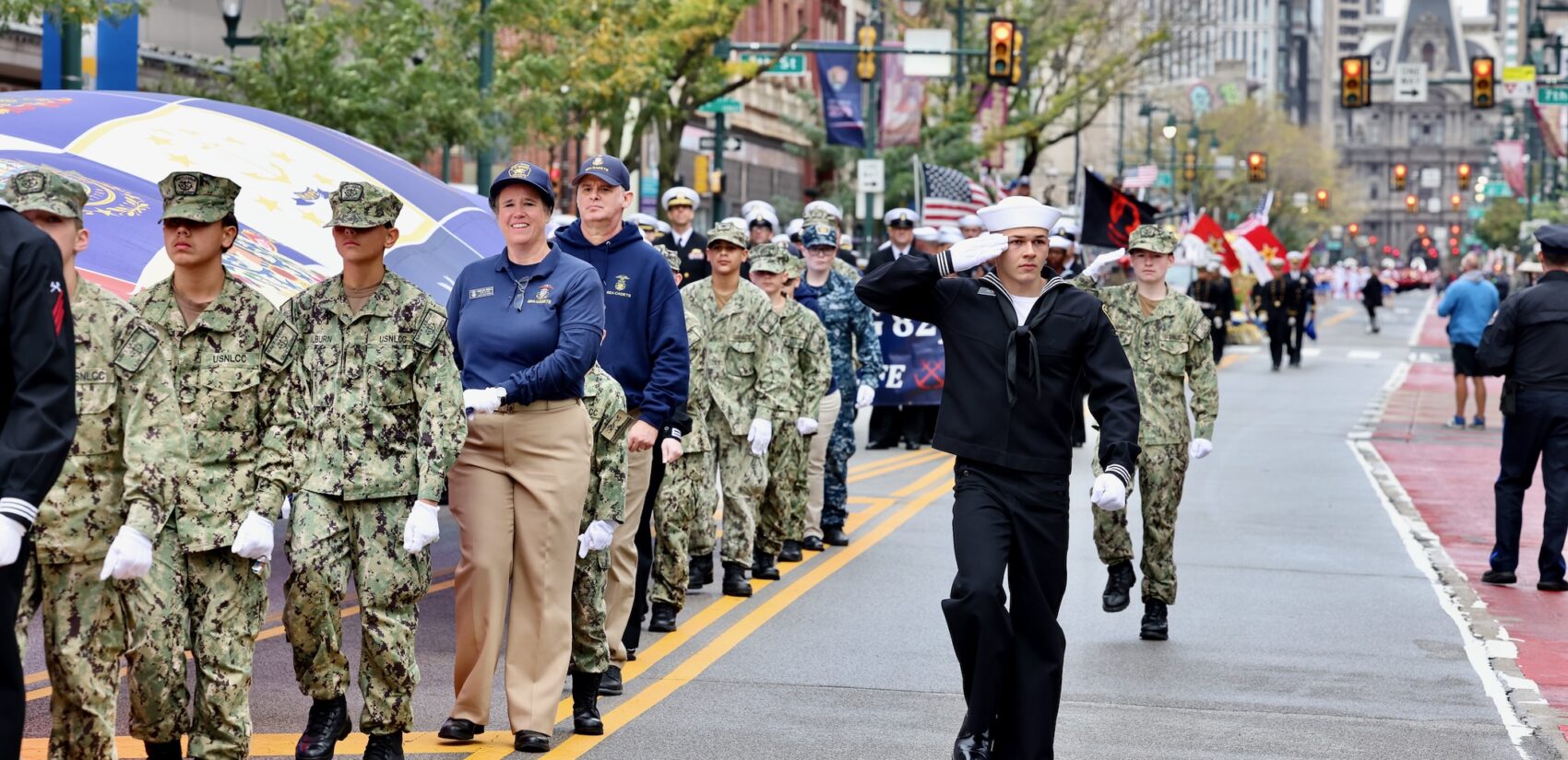 U.S. Navy Sea Cadets march in the Navy and Marine Corps 250th anniversary parade