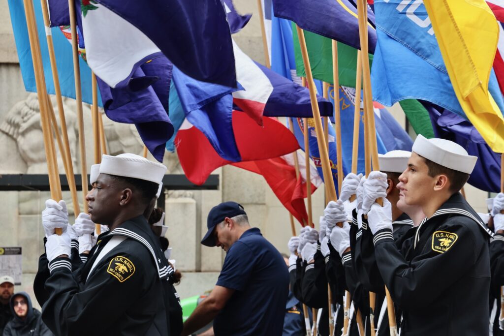 2025 10 13-e lee-philadelphia-navy marines 250th parade cadets with flags U.S. Naval Sea Cadets carry flags