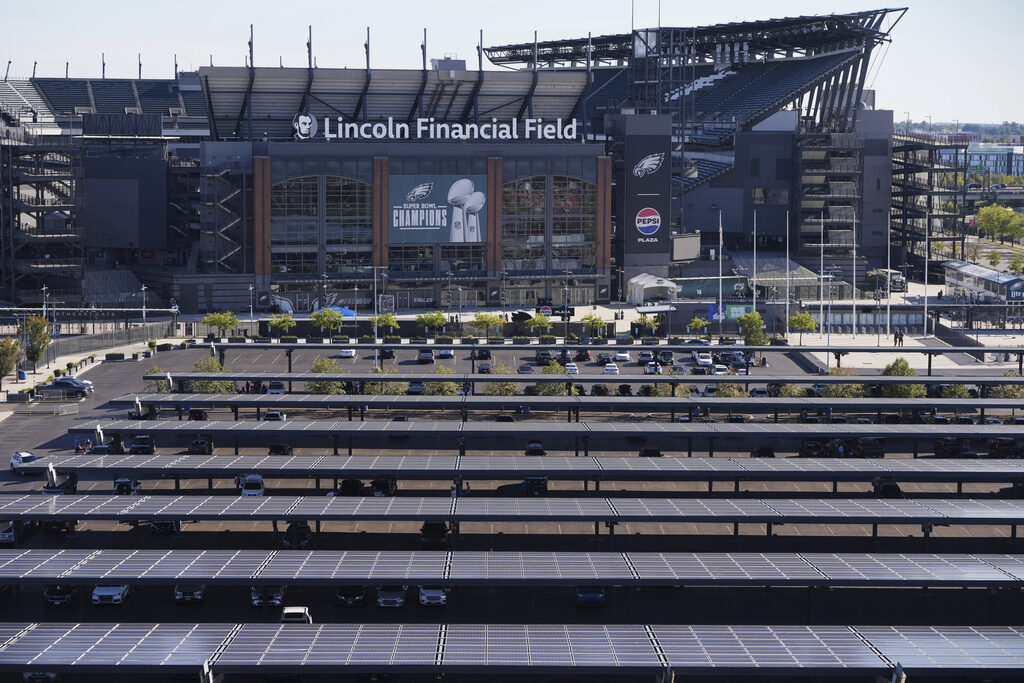 Climate NFL Stadium Sustainability Solar panels are visible outside of Lincoln Financial Field in Philadelphia