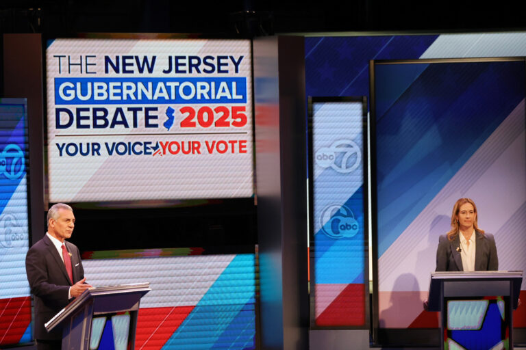 Republican Jack Ciattarelli, left, and Democrat Mikie Sherrill participate in the final debate in the New Jersey governor's race