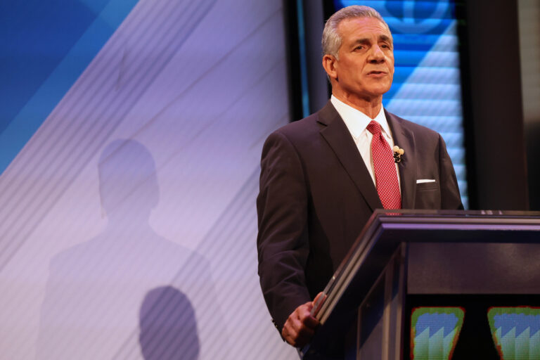 Republican Jack Ciattarelli speaks during the final debate in the New Jersey governor's race behind a podium