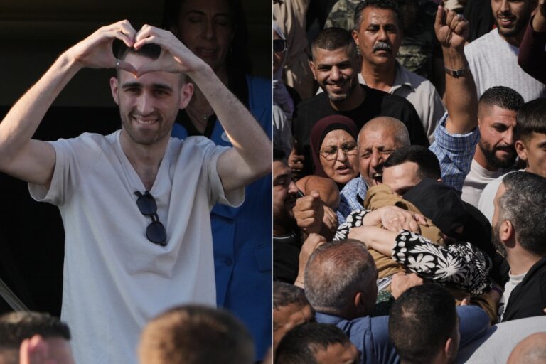 (Freed Israeli hostage Avinatan Or gestures from a van as he arrives at Beilinson hospital in Petah Tikva, Israel, after he was released from Hamas captivity in the Gaza Strip, Monday, Oct. 13, 2025. (AP Photo/Ariel Schalit) / Palestinian prisoners are greeted after being released from Israeli prison following a ceasefire agreement between Israel and Hamas, in the West Bank city of Ramallah, Monday, Oct. 13, 2025. (AP Photo/Mahmoud Illean)
