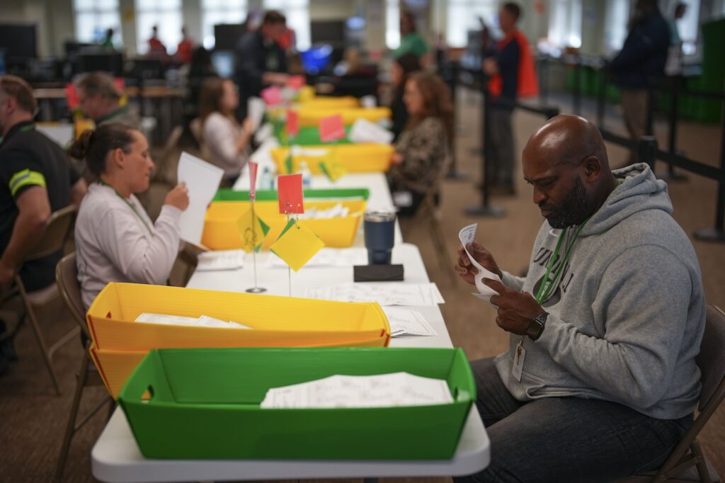 Election 2024 America Votes Pennsylvania File: Election workers process mail ballots for the 2024 election at the Chester County, Pa., administrative offices, Tuesday, Nov. 5, 2024, in West Chester, Pa