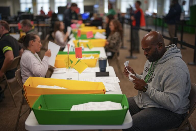 File: Election workers process mail ballots for the 2024 election at the Chester County, Pa., administrative offices, Tuesday, Nov. 5, 2024, in West Chester, Pa