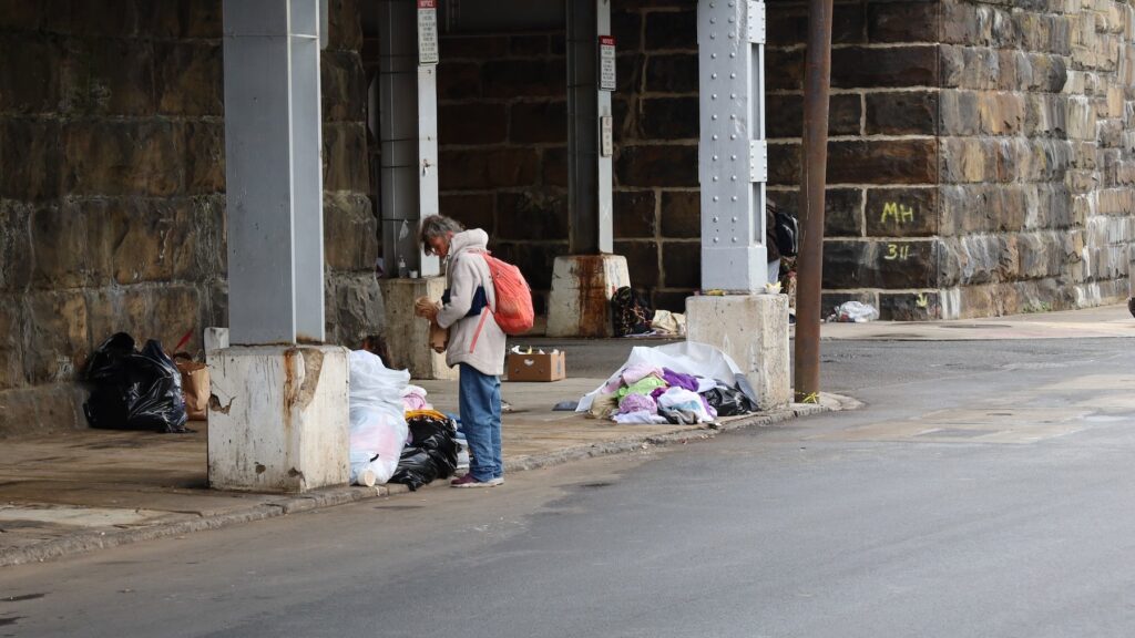 Algunas personas sin hogar en Wilmington se están refugiando bajo un paso elevado en la ciudad. (Sarah Mueller/WHYY)