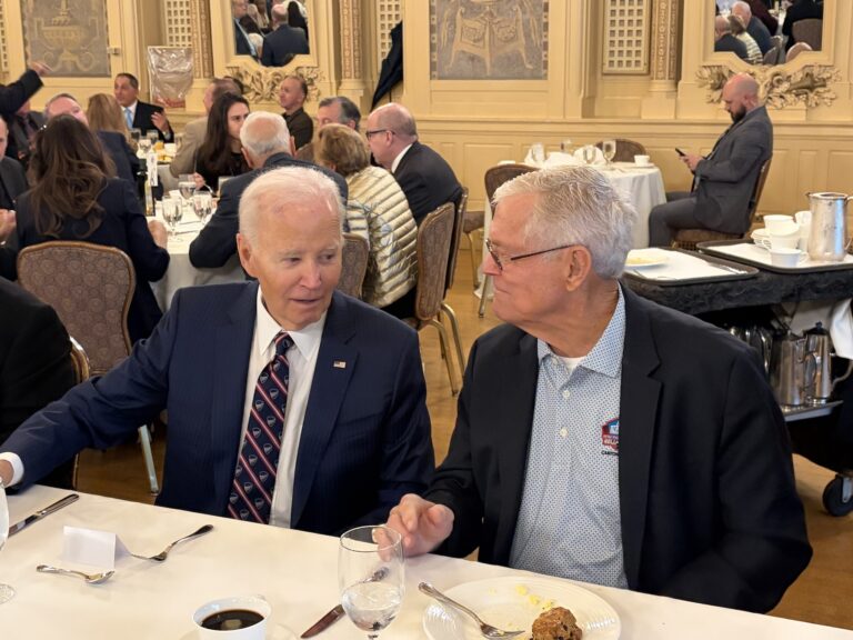 Former President Joe Biden (left) and former Eagles coach Dick Vermeil