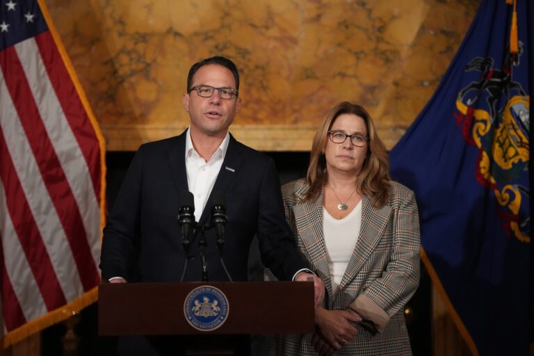 Pennsylvania Gov. Josh Shapiro, accompanied by his wife Lori Shapiro