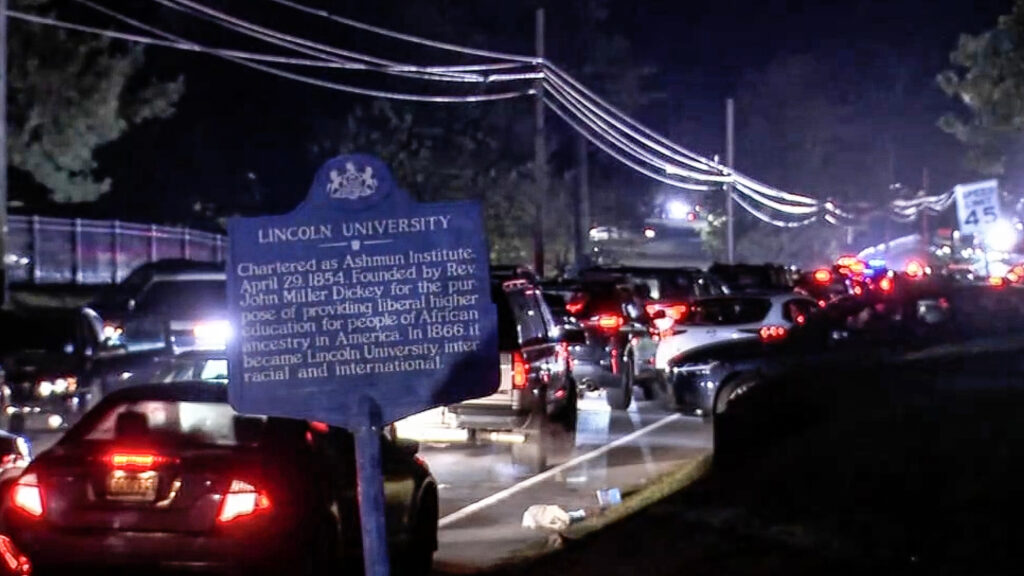 lincoln-university-shooting-2025-6abc-new a sign for Lincoln University and police lights