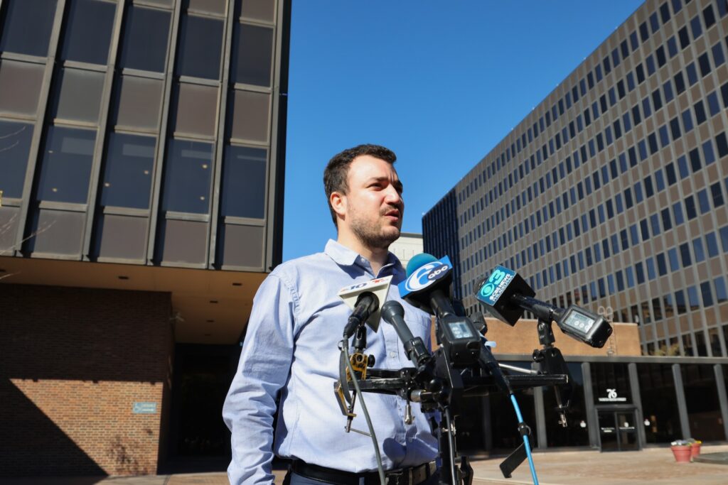 2025 10 21-e lee-mahmoud khalil-philadelphia federal courthouse-khalil v trump podium Mahmoud Khalil talks to media