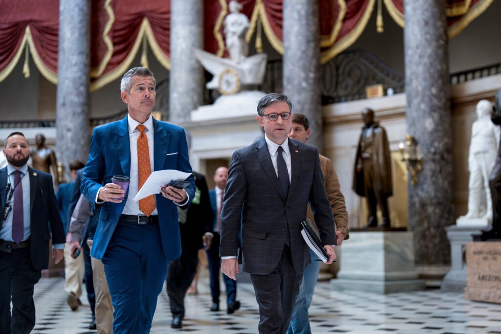 mike-johnson-sean-fuffy-2025-10-23 Sean Duffy walks with Mike Johnson