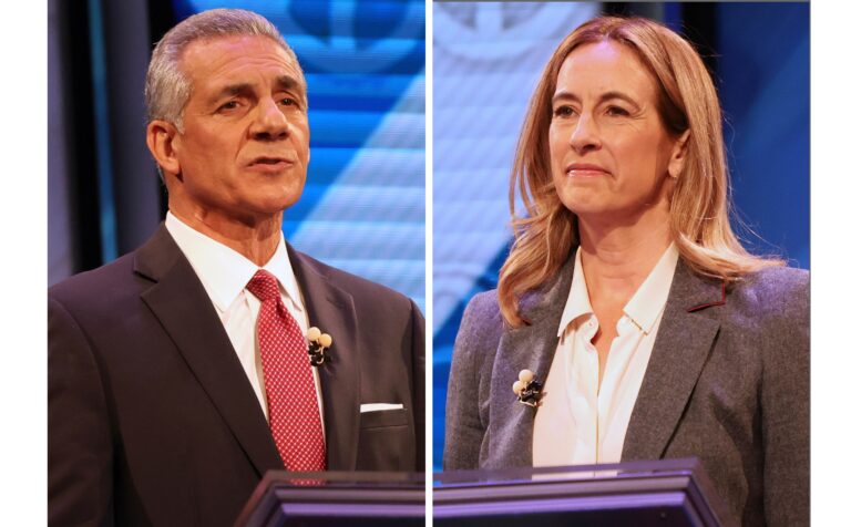side-by-side photos of Mikie Sherrill and Jack Ciattarelli