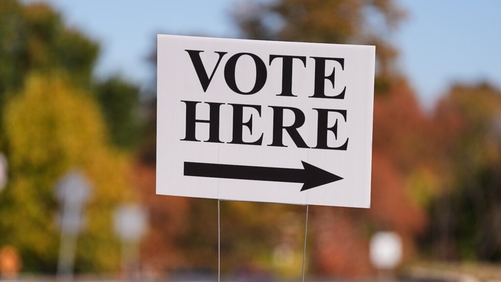 Election 2025 New Jersey A ''Vote Here'' sign indicates a polling place at Rowan College in Mount Laurel, N.J., Monday, Oct. 27, 2025.