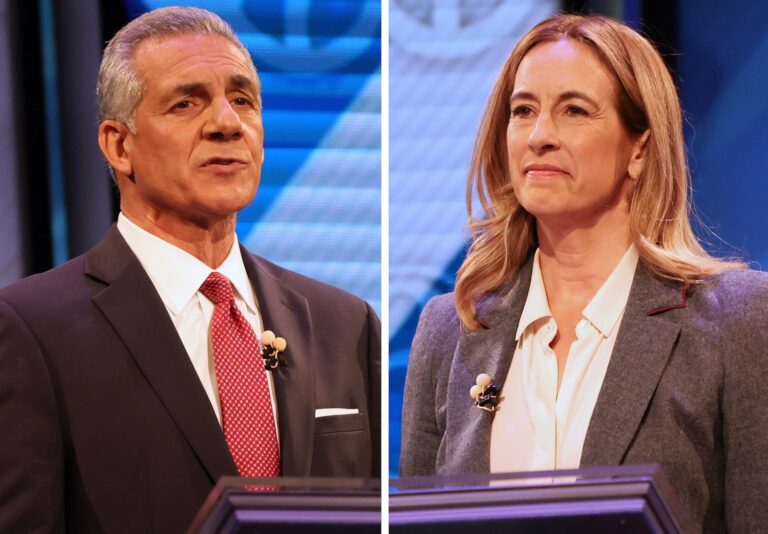 Republican Jack Ciattarelli (left) and Democrat Mikie Sherrill during the final debate in governors race, Oct. 8, 2025, in New Brunswick, N.J.