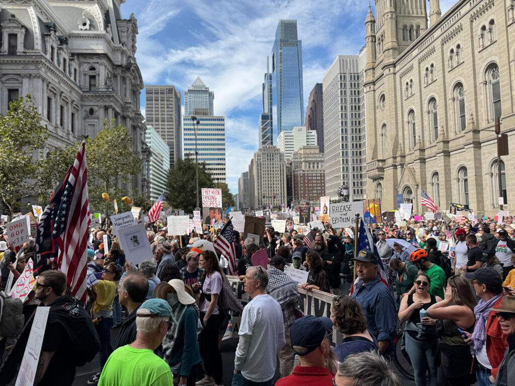 ‘’No Kings’’ protesters gather at Philadelphia City Hall on Oct. 18, 2025.