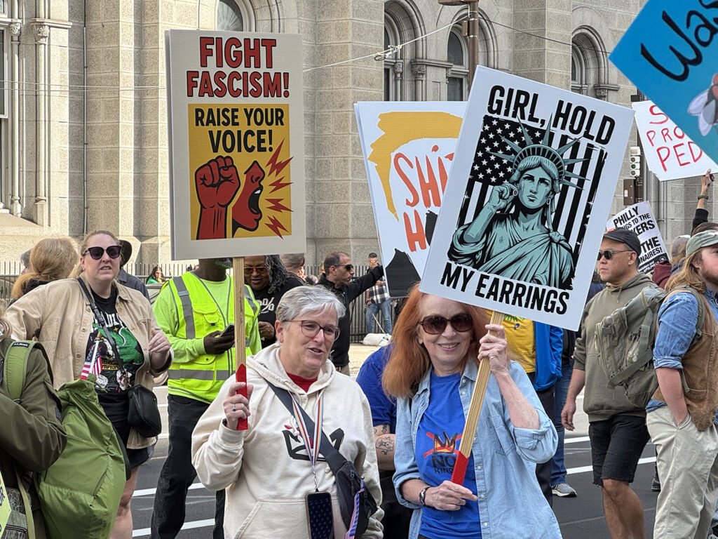 ‘’No Kings’’ protesters gather at Philadelphia City Hall on Oct. 18, 2025.