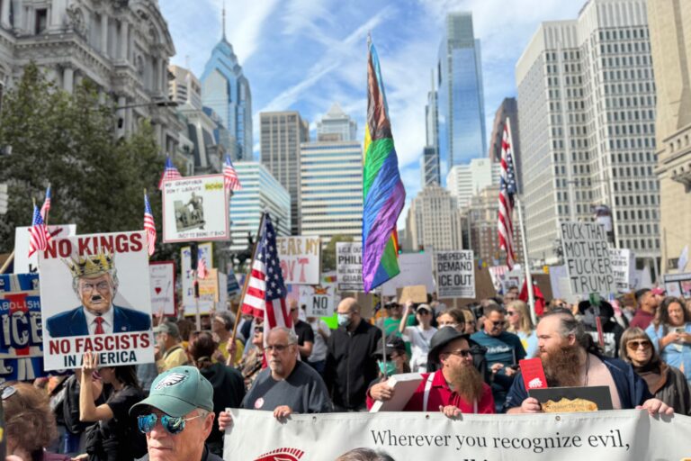 ‘’No Kings’’ protesters gather at Philadelphia City Hall on Oct. 18, 2025.