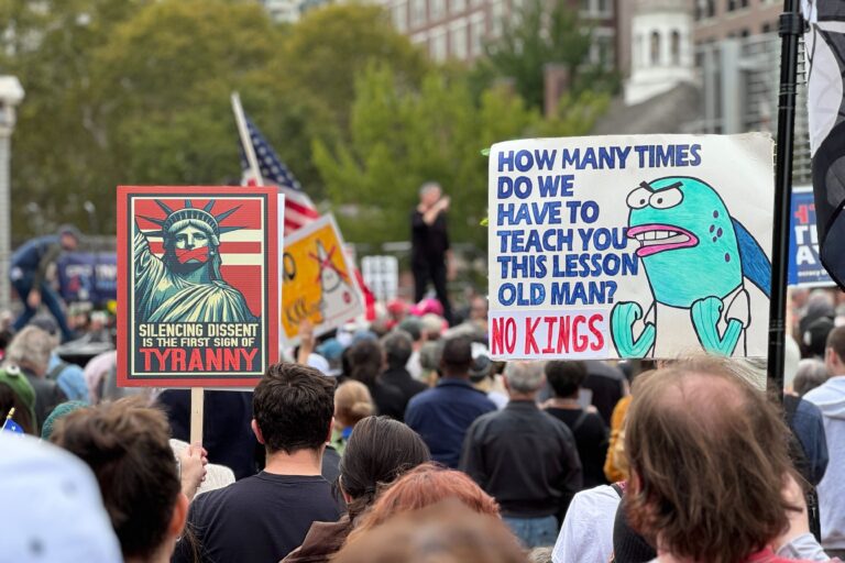 ‘’No Kings’’ protesters gather at Independence Mall in Philadelphia on Oct. 18, 2025