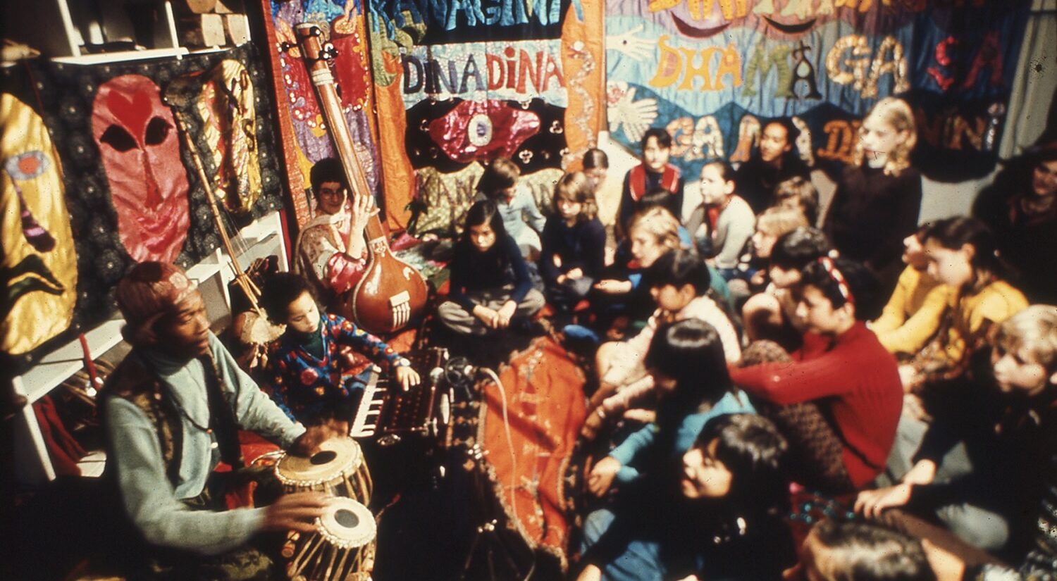 A children's workshop with Don and Moki Cherry and their son, Eagle-Eye