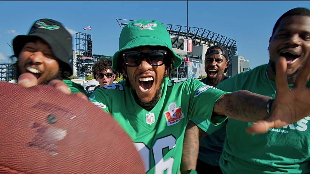 Eagles fans yelling into the camera