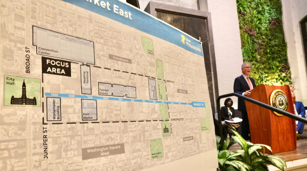 2025-11-07-e-lee-gerald-sweeney-philadelphia-1101-market-reimagining-market-east-chart copy A map of the proposed redevelopment of Market East in Philadelphia is displayed