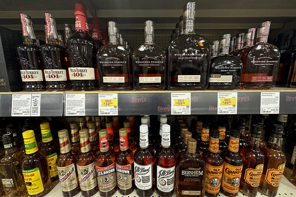 Bottles of Bourbon whiskey made in the United States are shown on display at a liquor store