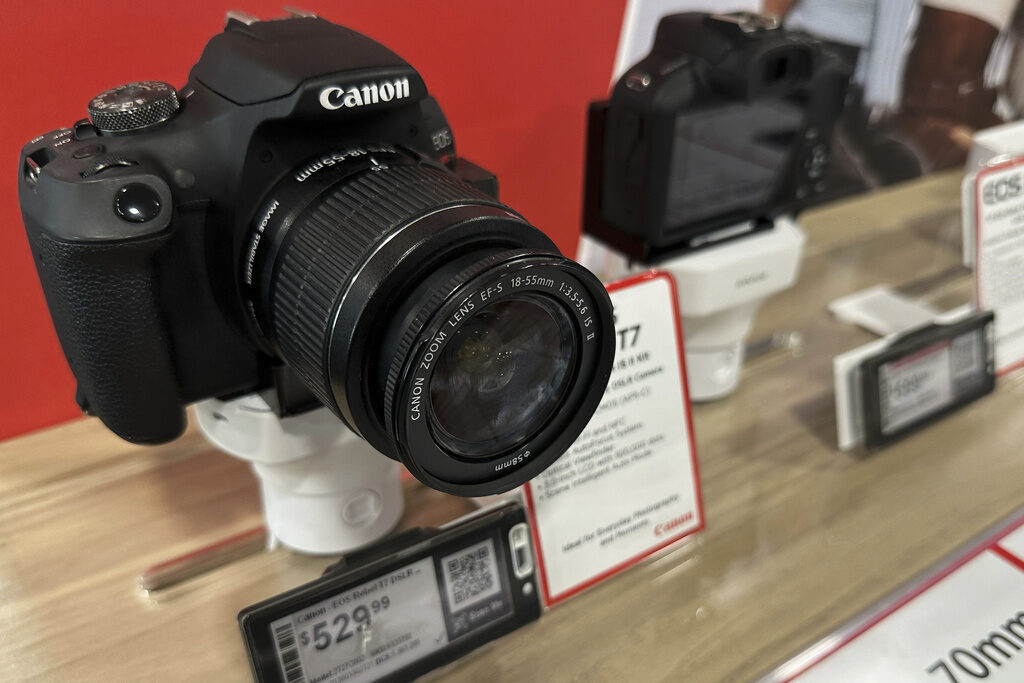 Canon cameras are displayed at a retail store