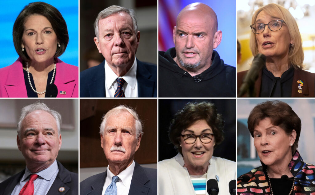 This combination photo of eight senators who are facing criticism from the Democratic party for their deal to end the government shutdown shows Sen. Catherine Cortez Masto, D-Nev., top row from left, Senate Judiciary Committee Chairman Dick Durbin, D-Ill., Sen. John Fetterman, D-Pa., Sen. Maggie Hassan, D-N.H., and bottom row from left, Sen. Tim Kaine, D-Va., Sen. Angus King, I-Maine, Sen. Jacky Rosen, D-Nev., and Sen. Jeanne Shaheen, D-N.H. (AP Photo)