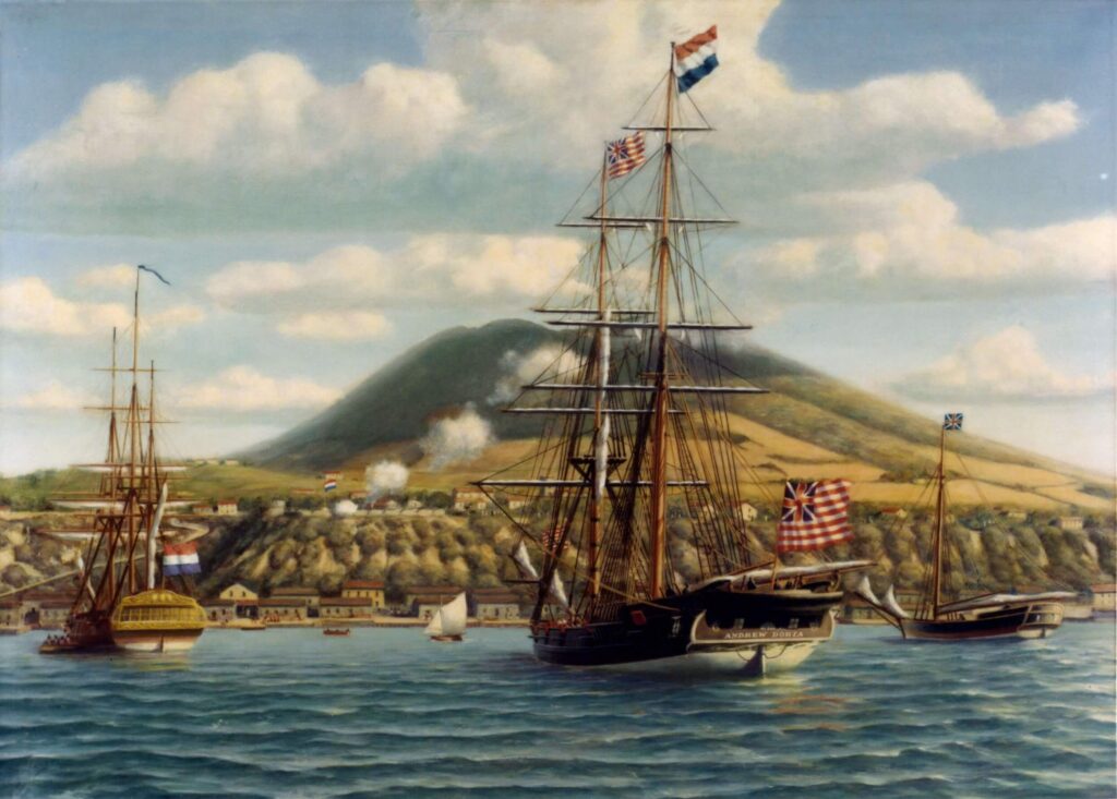 The Andrew Doria in St. Eustatius Harbor a painting of a ship by Phillips Melville
