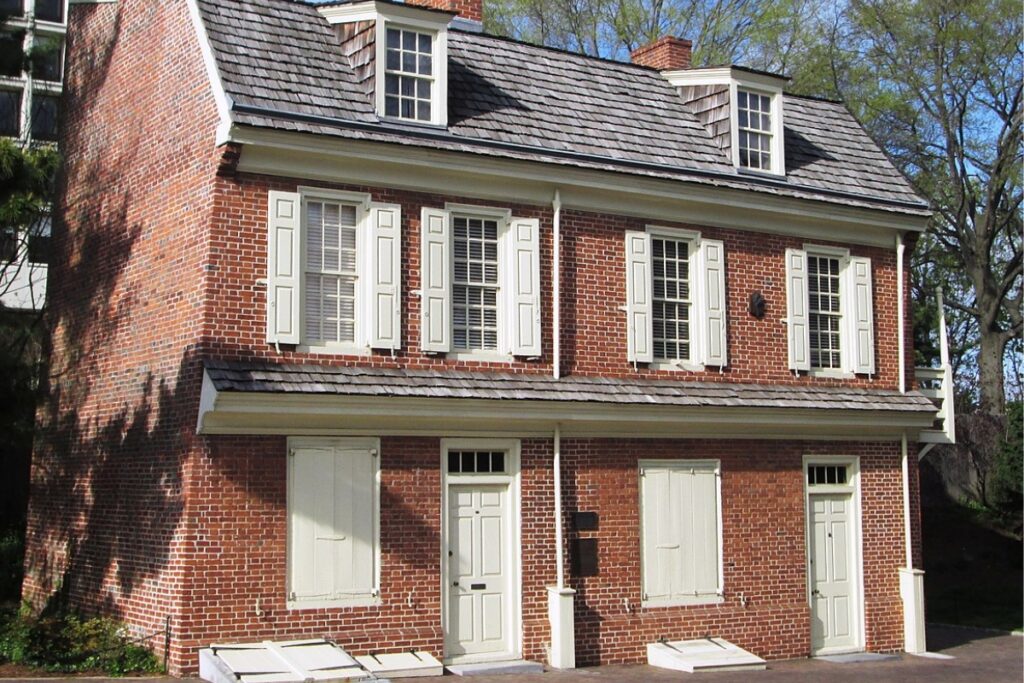 A Man Full of Trouble Tavern at 127 Spruce Street near the corner of S. 2nd Street in the Society Hill neighborhood of Philadelphia was built in 1759. (Sources: