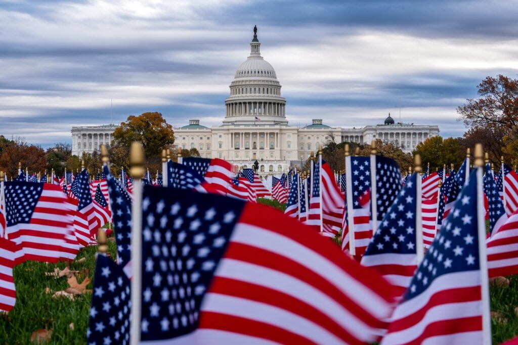 APTOPIX Government Shutdown Miniature American flags flutter in wind gusts across the National Mall near the Capitol in Washington, Monday, Nov. 10, 2025.