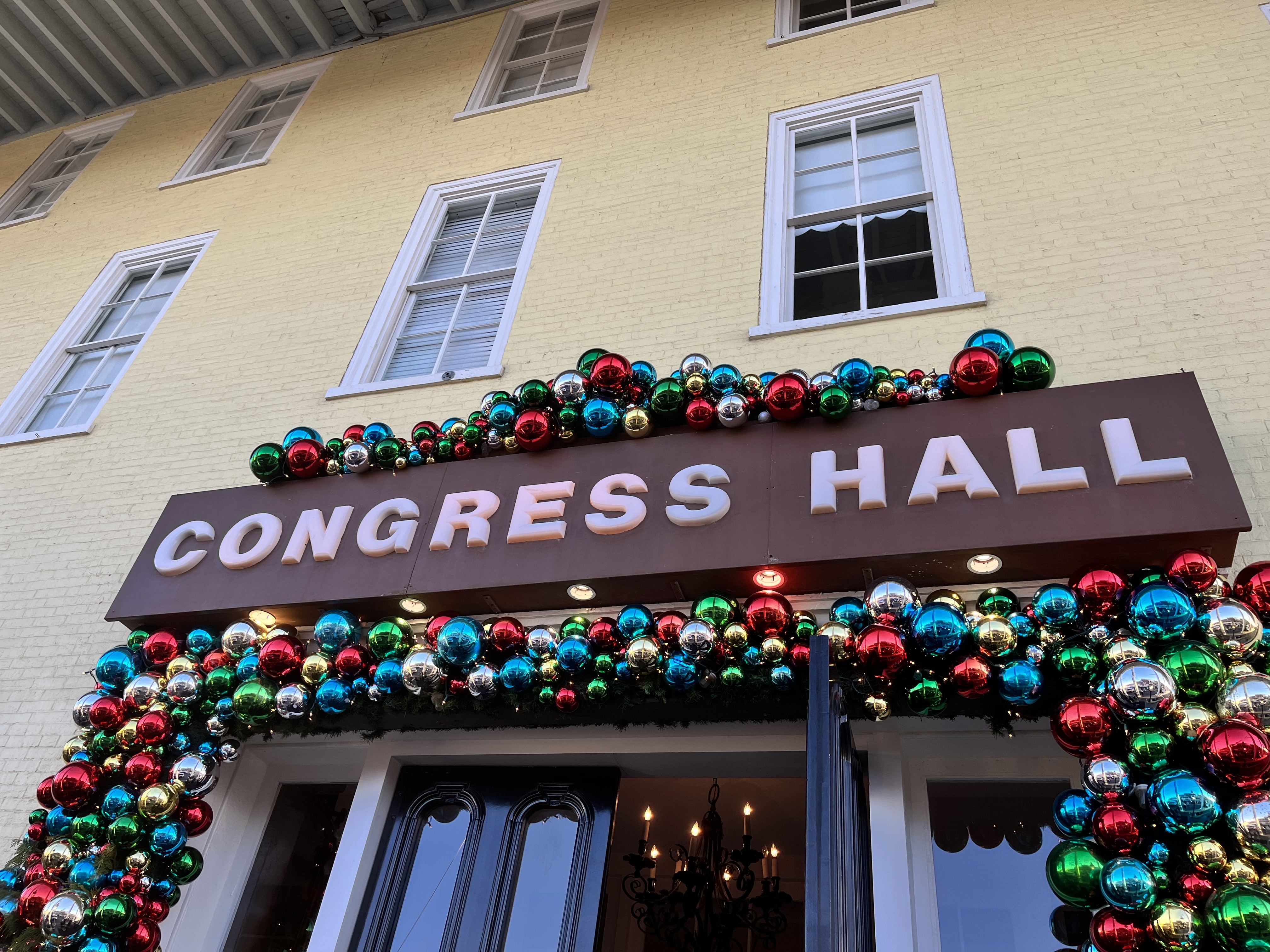 outside Congress Hall, with ornaments on the building