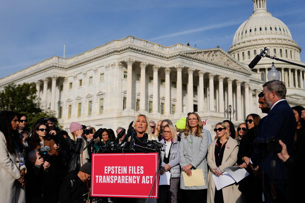 Congress Epstein Rep. Marjorie Taylor Greene, R-Ga., speaks during a news conference on the Epstein Files Transparency Act