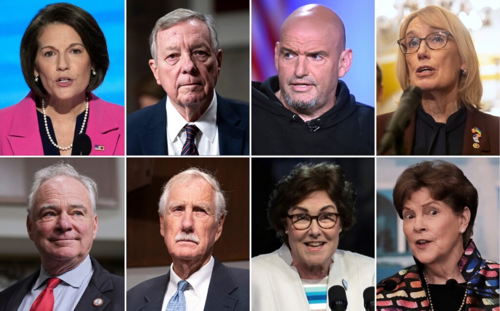 This combination photo of eight senators who are facing criticism from the Democratic party for their deal to end the government shutdown shows Sen. Catherine Cortez Masto, D-Nev., top row from left, Senate Judiciary Committee Chairman Dick Durbin, D-Ill., Sen. John Fetterman, D-Pa., Sen. Maggie Hassan, D-N.H., and bottom row from left, Sen. Tim Kaine, D-Va., Sen. Angus King, I-Maine, Sen. Jacky Rosen, D-Nev., and Sen. Jeanne Shaheen, D-N.H.
