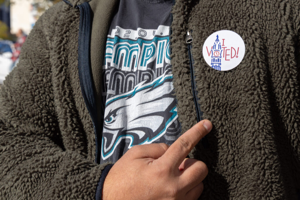 election-day-kp-110425-05 A voter shows off their election sticker in Philadelphia