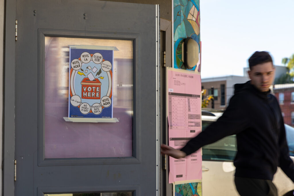 A voter exits their polling place in Philadelphia on Election Day