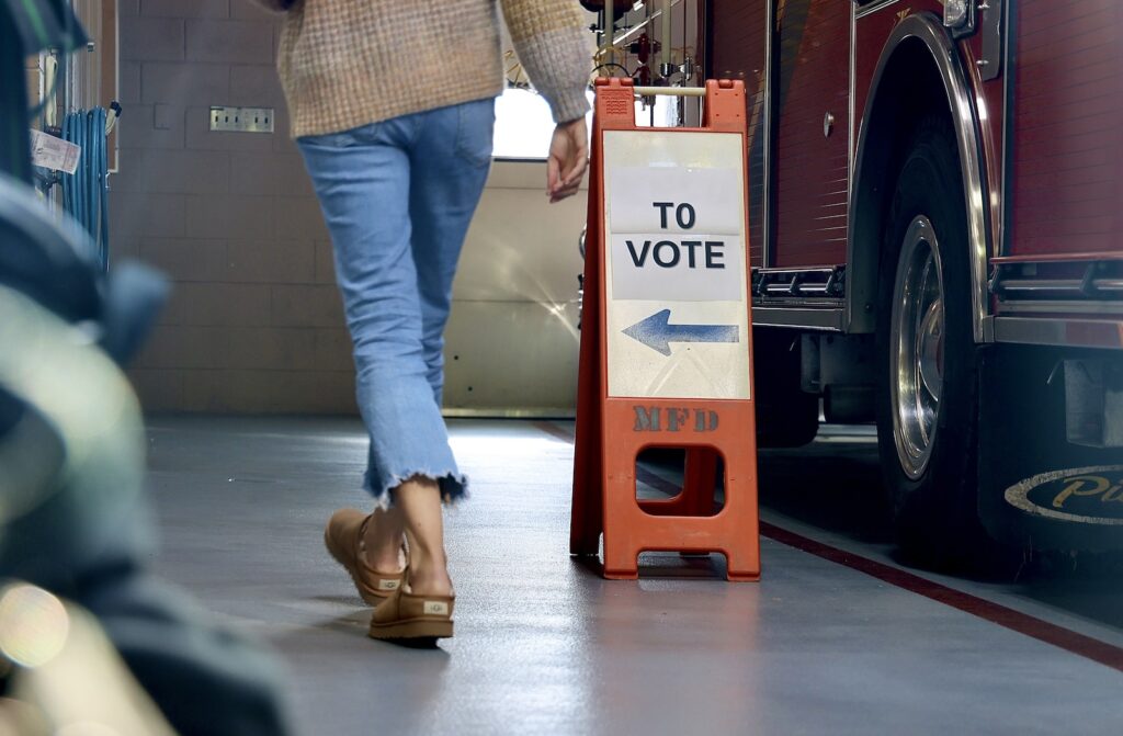 election-day-polling-place-vote-here-moorestown-township-new-jersey-EL-110425-01 A voter arrives at the Moorestown Township Fire Station to cast a ballot in the 2025 general election.