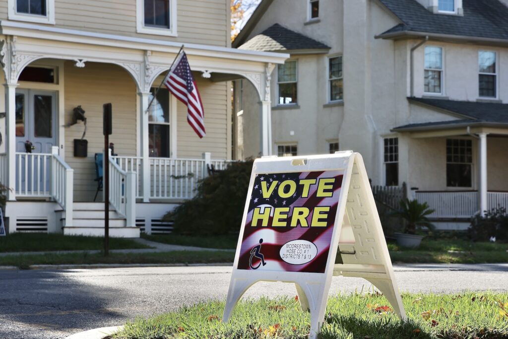 election-day-polling-place-vote-here-moorestown-township-new-jersey-EL-110425 A sign outside the Moorestown Township Fire Station on Main Street identifies it as a polling place.